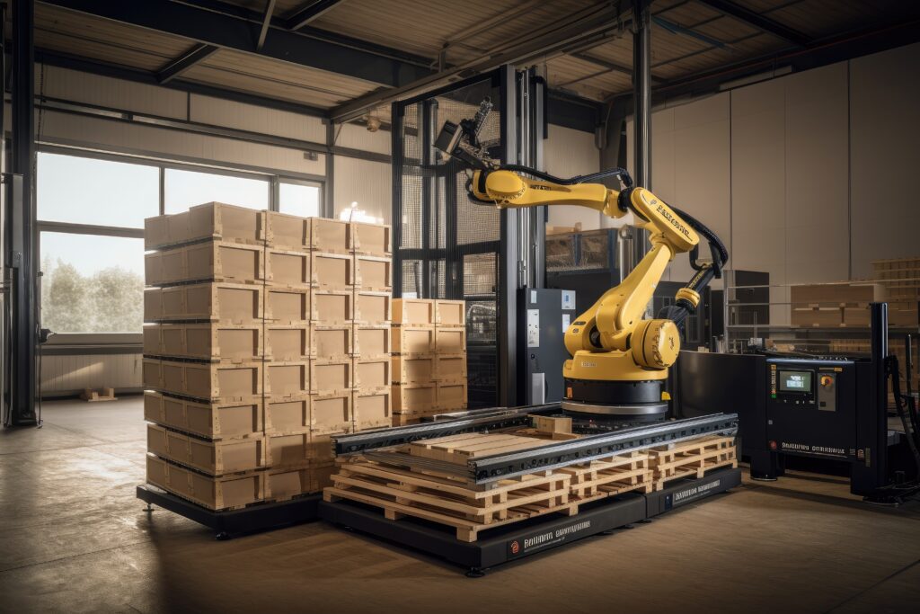 Robot palettiseur de fin de ligne de production.